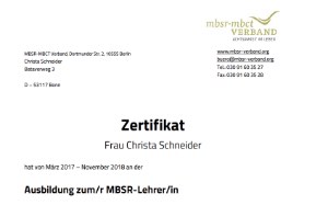 Zertifikat zur Ausbildung als MBSR Lehrer/in durch den mbst-mbct Verband