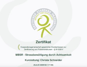 Zertifikat der Krankenkassen zur Bezuschussung eines MBSR Kurses